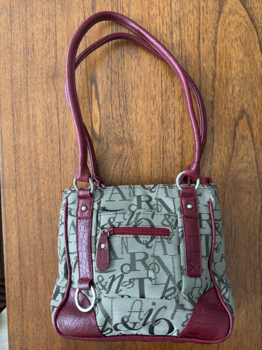 Y2K Script Print Shoulder Bag Red Croc Trim Tote Purse Vintage - Picture 8 of 11